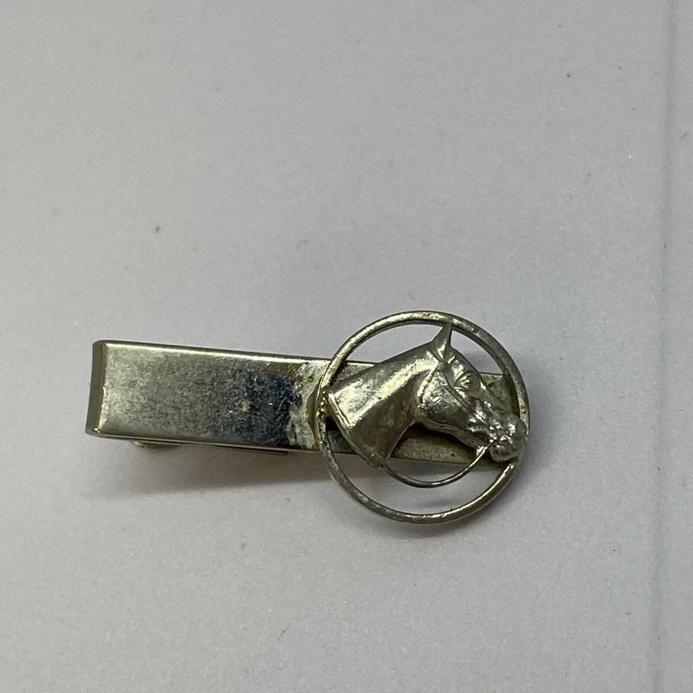 Vintage Silver Tone Horse Head Equestrian Tie Clip Western Mens Jewelry